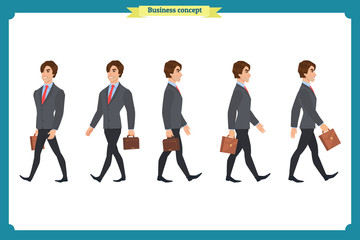 Collection set of Walking and running businessman. Walk, run, active. Variety of movements. Flat Character man cartoon style, Side view, haft front view,Vector design isolated vector.