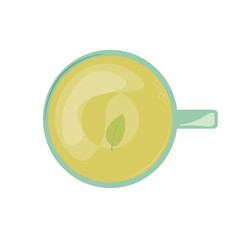 A cup of hot green tea with a leaf on the bottom.