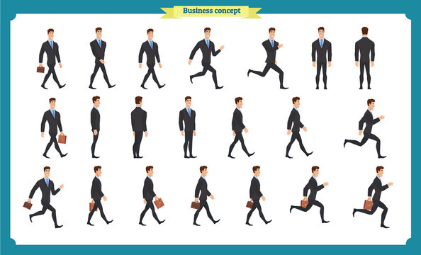 Collection Set Of Walking And Running Businessman. Walk, Run, Active. Variety Of Movements. Flat Character Man Cartoon Style, Side View, Haft Front View,Vector Design Isolated Vector.