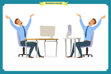 Male office worker poses sitting at computer with tablet having coffee brake cartoon characters set vector illustration
