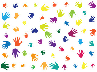 Obraz premium Hands, palms isolated on white vector background graphic design. Rainbow colors handprints - symbols of friendship, teamwork, cooperation and partnership. Cartoon children hands prints in paint.