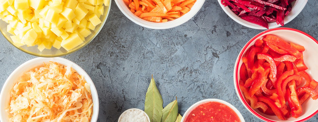 Vegetables ingredients preparation of borsch soup in the kitchen