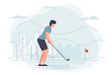 Vector illustration - man playing golf. Park, forest, trees and hills on background. Banner, poster template with place for your text.