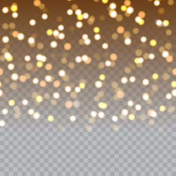 Falling gold sparkles on transparent background. Vector.