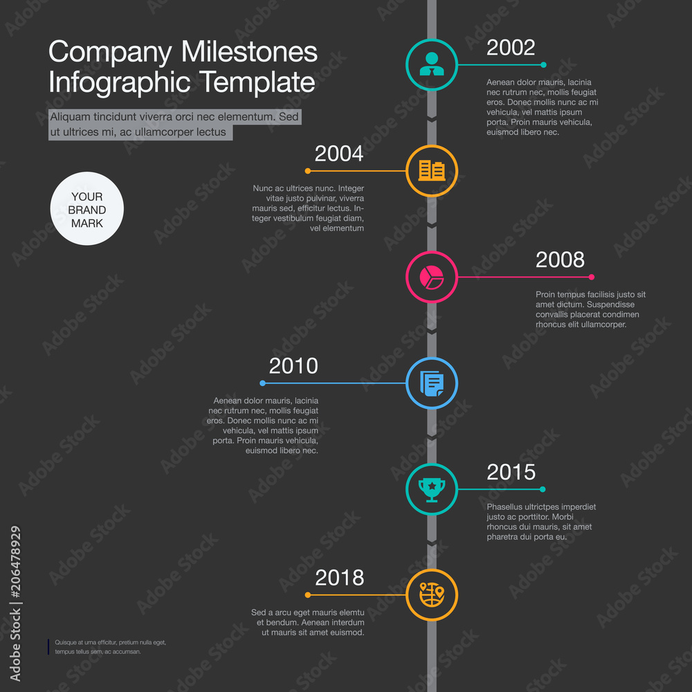 Leinwandbilder vector infographic for company milestones timeline template with colorful circles isolated on dark b
