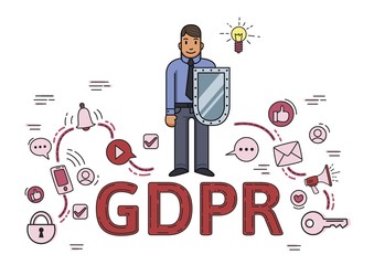 Businessman with a shield among internet and social media symbols. General data protection regulation. GDPR, RGPD, DSGVO, DPO. Vector illustration on white background. Flat line style.