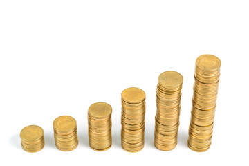 Increasing columns of coins, step of stacks coin isolated on white background with copy space for business and financial concept.