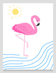 Flamingo or tropical birds illustration for party card. Summer exotic background. Vintage cute banner or spring holiday set.