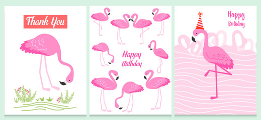 Flamingo or tropical birds illustration for party card. Summer exotic background. Vintage cute banner or spring holiday set.