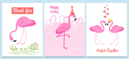 Flamingo or tropical birds illustration for party card. Summer exotic background. Vintage cute banner or spring holiday set.