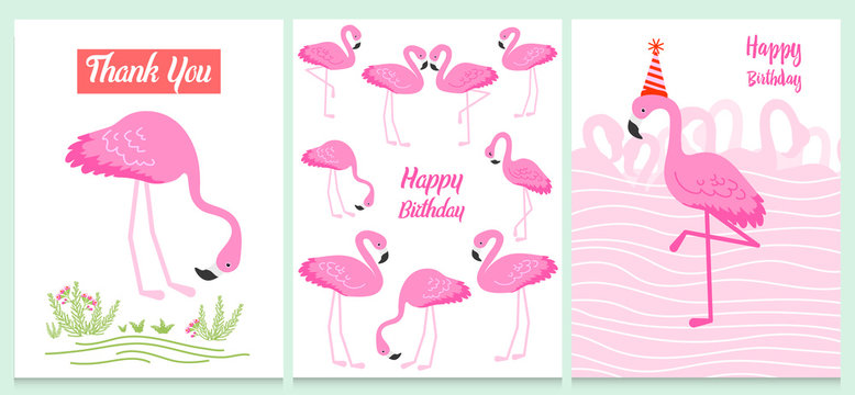 Flamingo or tropical birds illustration for party card. Summer exotic background. Vintage cute banner or spring holiday set.