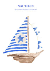 Watercolor wooden boat. Children's toy sailing yacht on a white background.