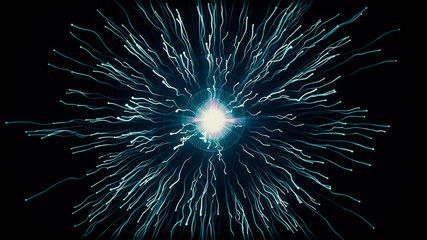 Particle collision and explosion. Bright blue particles with streams collide and create explosion shockwave with trails. Spherical multicolored explosion with flares isolated on black background. 4K