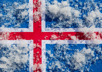 The flag of Iceland is covered with ice cubes.