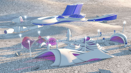 Astronave spaziale, città del futuro, fantascienza, sci-fi, parallelepipedi, centro urbano, unità abitative, spazio. Base spaziale © Naeblys