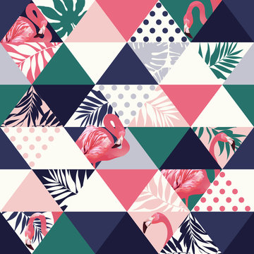 Exotic beach trendy seamless pattern, patchwork illustrated floral vector tropical banana leaves. Jungle pink flamingos Wallpaper print background mosaic