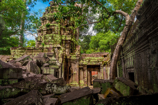 Discover the ancient west gate of Cambodia's Ta Prohm temple (Rajavihara) from a different angle, behind the big collapsed stones in the shadow of the jungle.