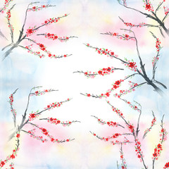 Flowering branch of a tree on a watercolor background. Use printed materials, signs, items, websites, maps, posters, postcards, packaging. Seamless background.
