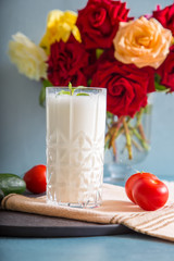 Ayran - liquid drink made from yogurt in ransparent glass cup