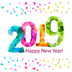 Happy New Year 2019 greeting banner. Festive background with colorful confetti, party popper and sparkles. Vector