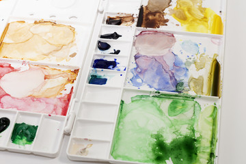 Watercolor paint on white sheets of paper the palette of children's