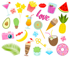 Fototapeta premium Set of girls fashion cute patches, fun stickers, badges, pins and stickers. Collection different elements. Princess and flamingos, unicorn, milkshakes, candy for notebook. Vector trendy illustration.