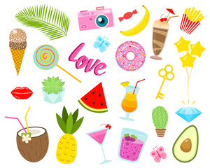 Set of girls fashion cute patches, fun stickers, badges, pins and stickers. Collection different elements. Princess and flamingos, unicorn, milkshakes, candy for notebook. Vector trendy illustration.