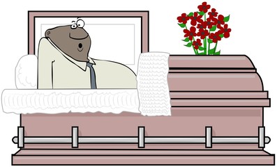 Illustration of a shocked black man waking up inside a metal coffin.