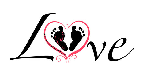 'Love'' text with made of heart and baby foot prints. Baby shower, Mother's day greeting card