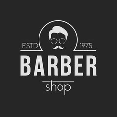 Barbershop logo. Vintage set barber logo with razor, shaver, scissors, hair, haircut, mustache and beard. Gentleman club, Barbershop allience logos.