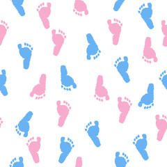 Fototapeta na wymiar Baby foot prints. Baby shower background. Blue and pink foot pattern 