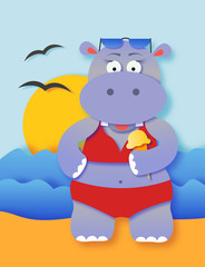 Cute summer hippo girl on a beach cartoon illustration
