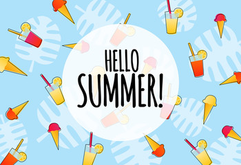 Hello summer blue background with drinks and ice creams