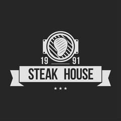 BBQ grill party. Barbecue set logo with grill, steak, knife, meat, wine and beer. Hot eat, Hot dog. Grill party.