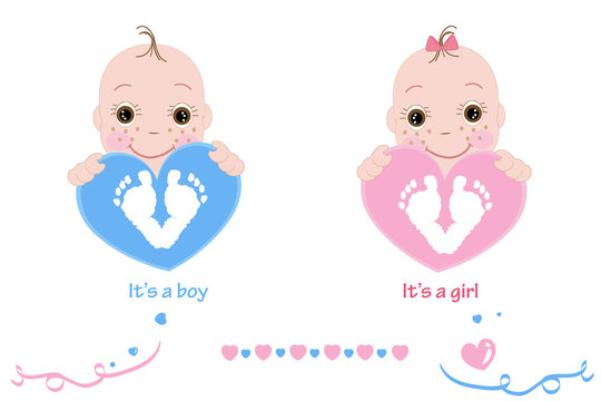 Twin baby girl and boy. Baby feet and hand print. Baby arrival card pink, blue colored hearts