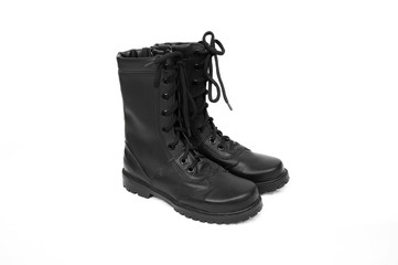 military boots black on the lock and with rivets, sole with a pattern, legs for protection of legs