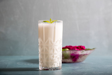 Ayran - liquid drink made from yogurt in ransparent glass cup
