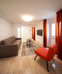 Elegant living room with leather sofa and a red designer armchair
