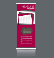 Rollup vertical banner stand template. Abstract background concept for business, education, presentation, advertisement. Editable vector illustration. Pink color.