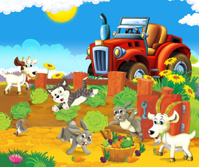Fototapeta premium cartoon scene with happy young animals and tractor in the garden - illustration for children 