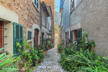 Fototapeta na wymiar Narrow street with plants decorating the facades in Fornalutx town. Peaceful mediterranean village surrounded by Serra de Tramuntana mountains in Balearic Islands.