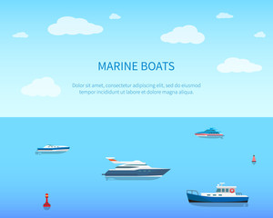 Marine Boats Bright Color Card Vector Illustration