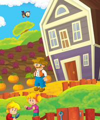 cartoon scene with farmer and kids on the farm - illustration for children
