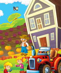 Obraz na płótnie Canvas cartoon scene with happy farmer and children on the farm - illustration for children 
