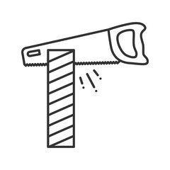 Hand saw cutting wooden plank linear icon