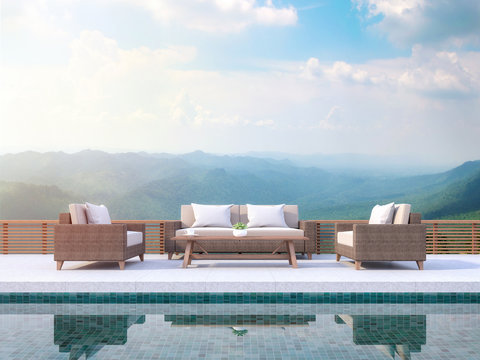 Contemporary pool terrace with mountain view 3d render. There are green pool tile.Furnished with rattan furniture. There are wooden railing overlooking  mountain view.