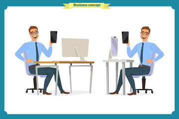 Male office worker poses sitting at computer with tablet having coffee brake cartoon characters set vector illustration