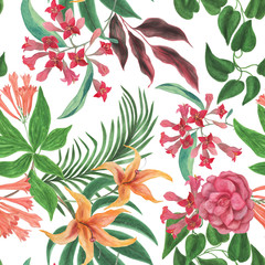 Watercolor painting seamless pattern with tropical flowers and leaves