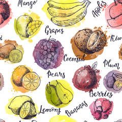 Fruits vector fruity apple banana and exotic mango with fresh slices and watercolor logo of tropical fruit with lettering sign illustration fruitful set seamless pattern background