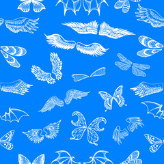 Fototapeta premium Wings vector flying winged angel with wing-case of bird and butterfly with wingspan illustration black wing-beat tattoo silhouette set seamless pattern background
